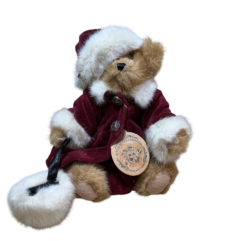 Vintage 1998 Boyds Bears Bailey Bear Christmas Plush Burgundy Velvet Coat 9"